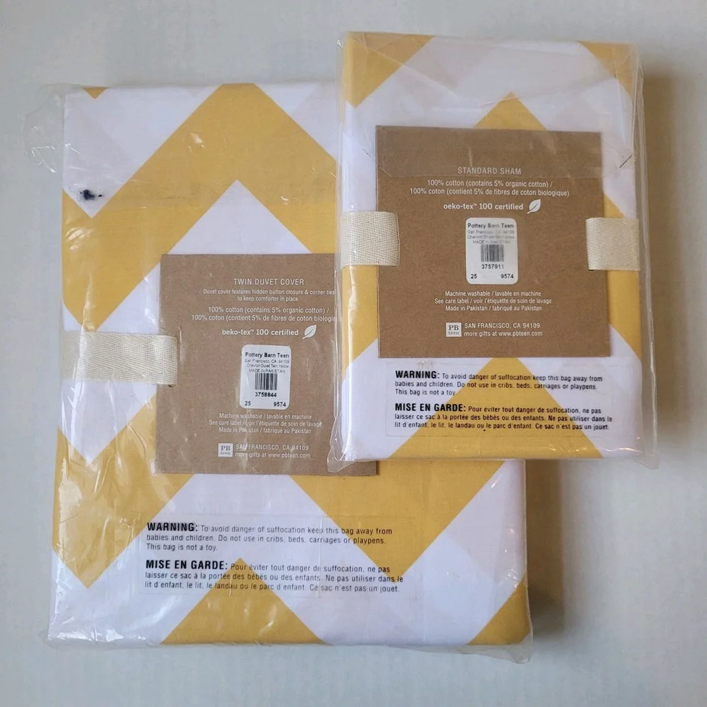 NEW POTTERY BARN TEEN white & yellow TWIN DUVET COVER & STANDARD SHAM.